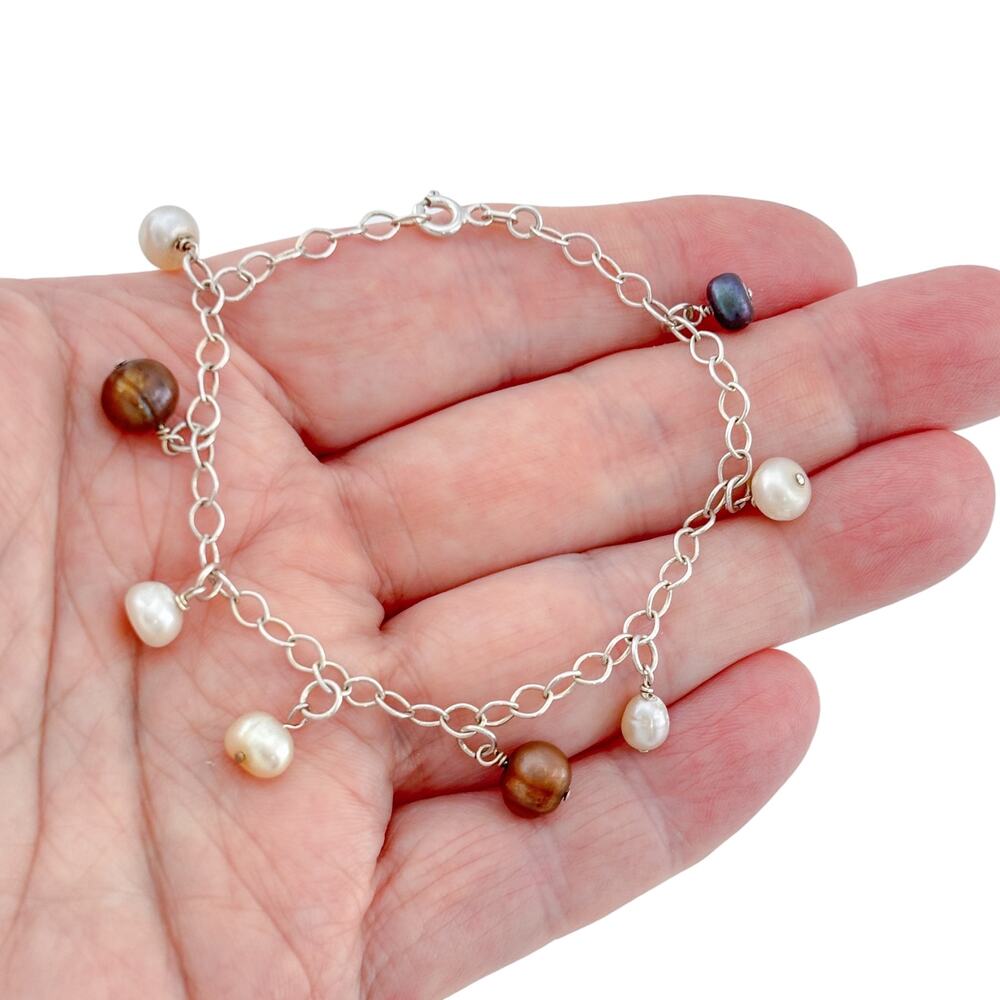 Vintage Italian Sterling Silver 925 Mixed Pearl Station Bracelet 7.25 inch